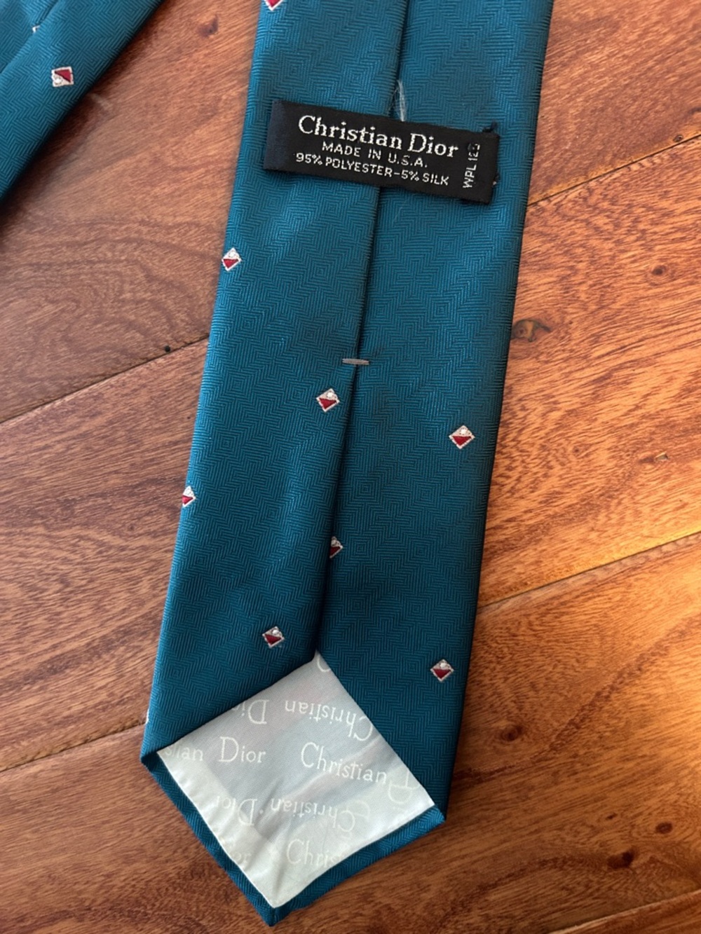 Christian Dior Vintage Logo Stamped Teal  Diamond Patterned Tie Made in USA - Picture 4 of 6